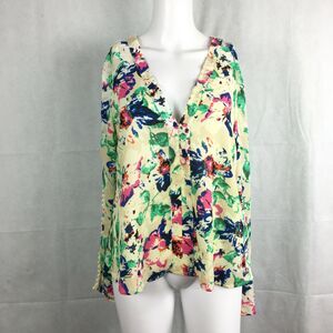 Smell The Roses Shirt Womens Sz S Tan Floral Flowy V-Neck Long Sleeve Blouse